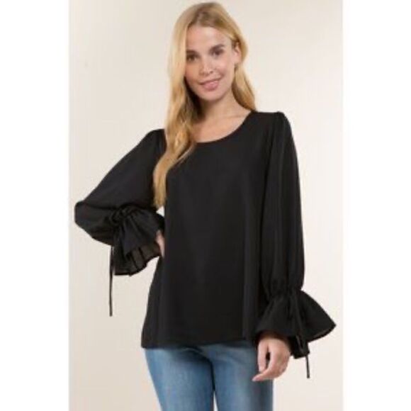Ruffle Tie Sleeve Loose Fit Blouse Black 1X - Picture 1 of 3